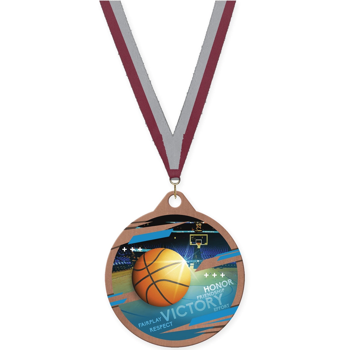 2 inch basketball Inspire medal in bronze with Maroon Gray neck ribbon