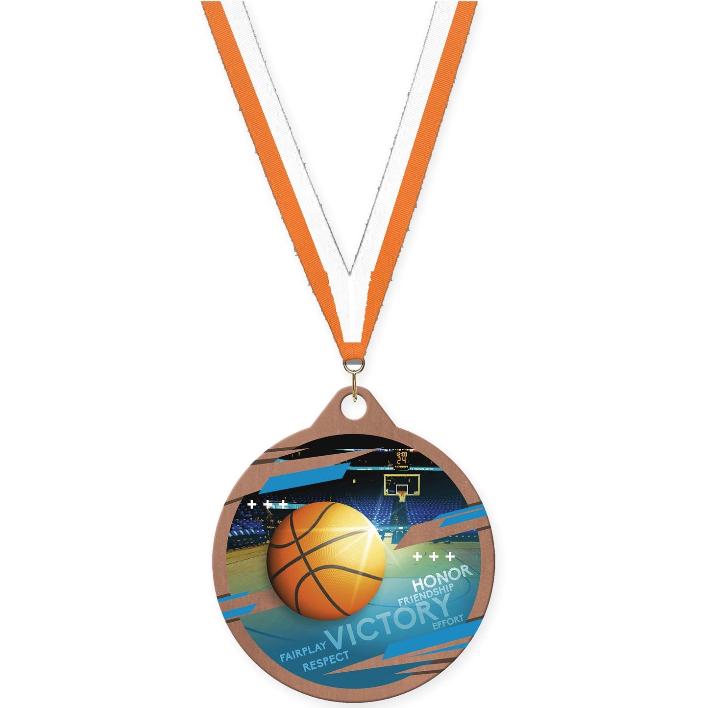 2 inch basketball Inspire medal in bronze with Orange White neck ribbon