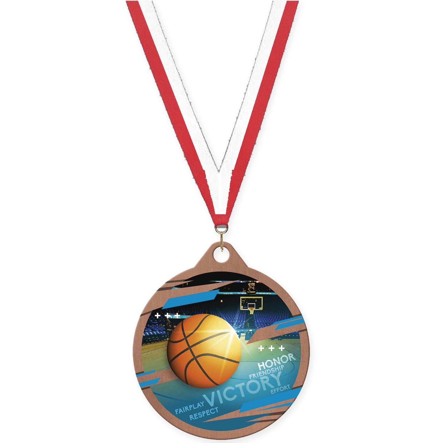 2 inch basketball Inspire medal in bronze with Red White neck ribbon