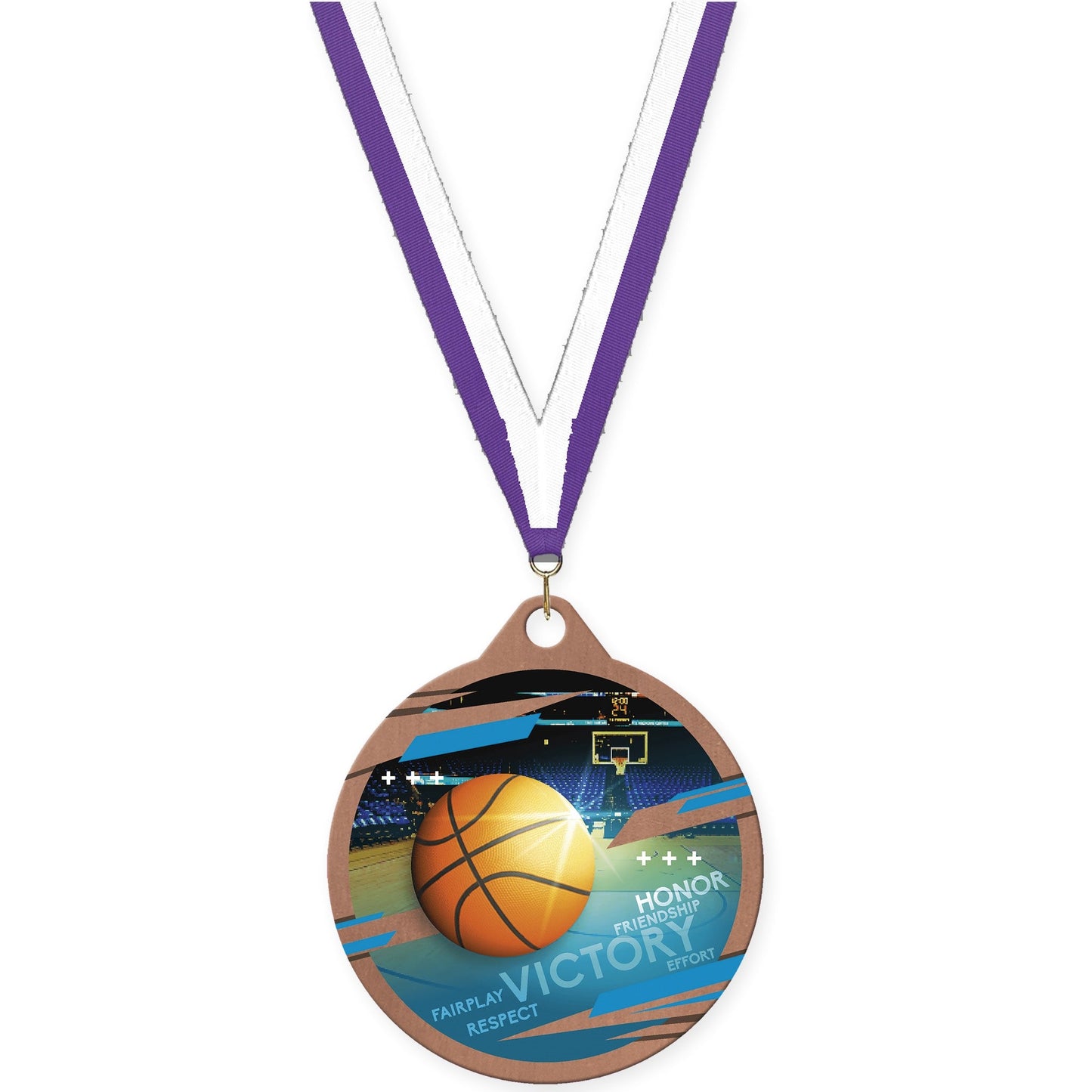 2 inch basketball Inspire medal in bronze with Purple White neck ribbon