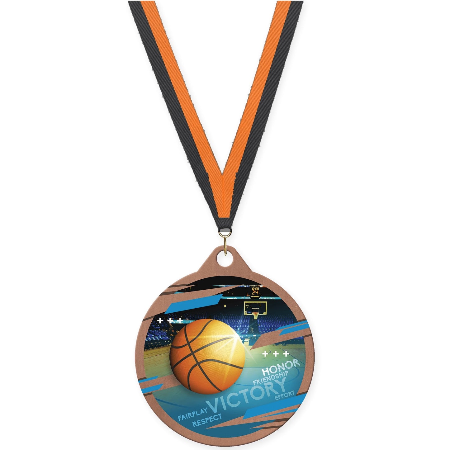 2 inch basketball Inspire medal in bronze with Black Orange neck ribbon