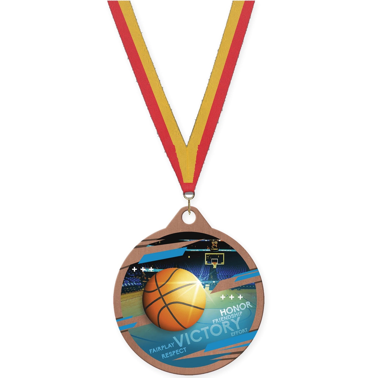 2 inch basketball Inspire medal in bronze with Red Gold neck ribbon