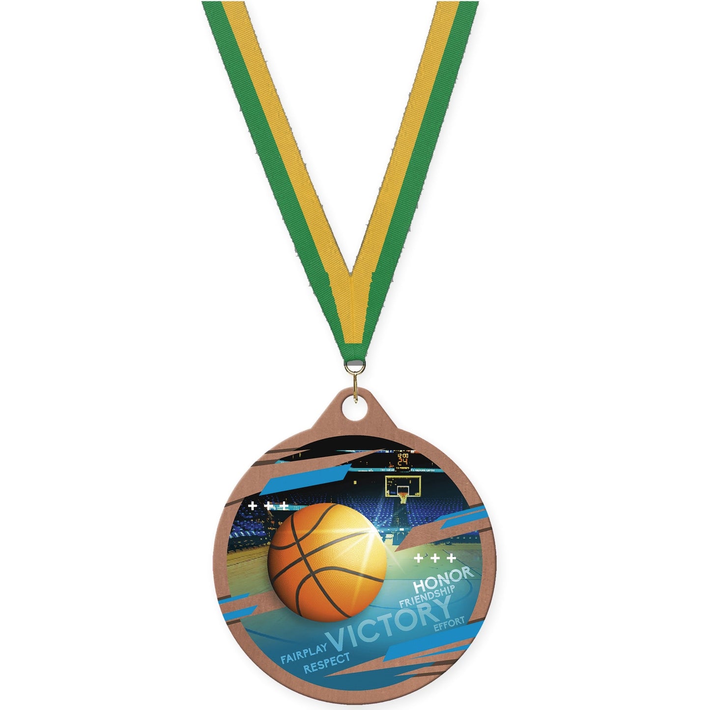 2 inch basketball Inspire medal in bronze with Green Gold neck ribbon