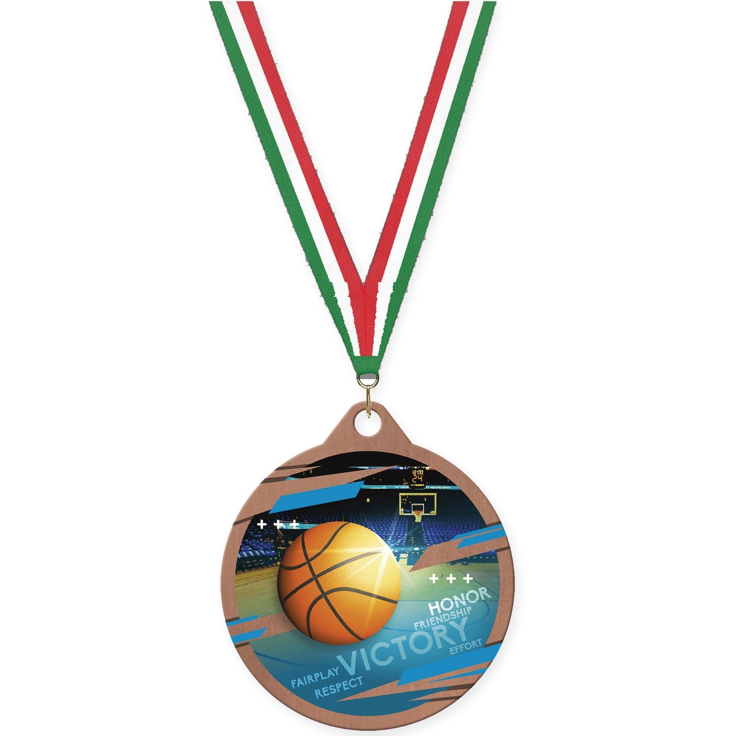 2 inch basketball Inspire medal in bronze with Green White Red neck ribbon
