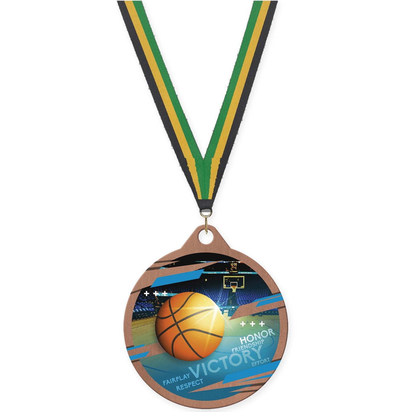 2 inch basketball Inspire medal in bronze with Black Gold Green neck ribbon