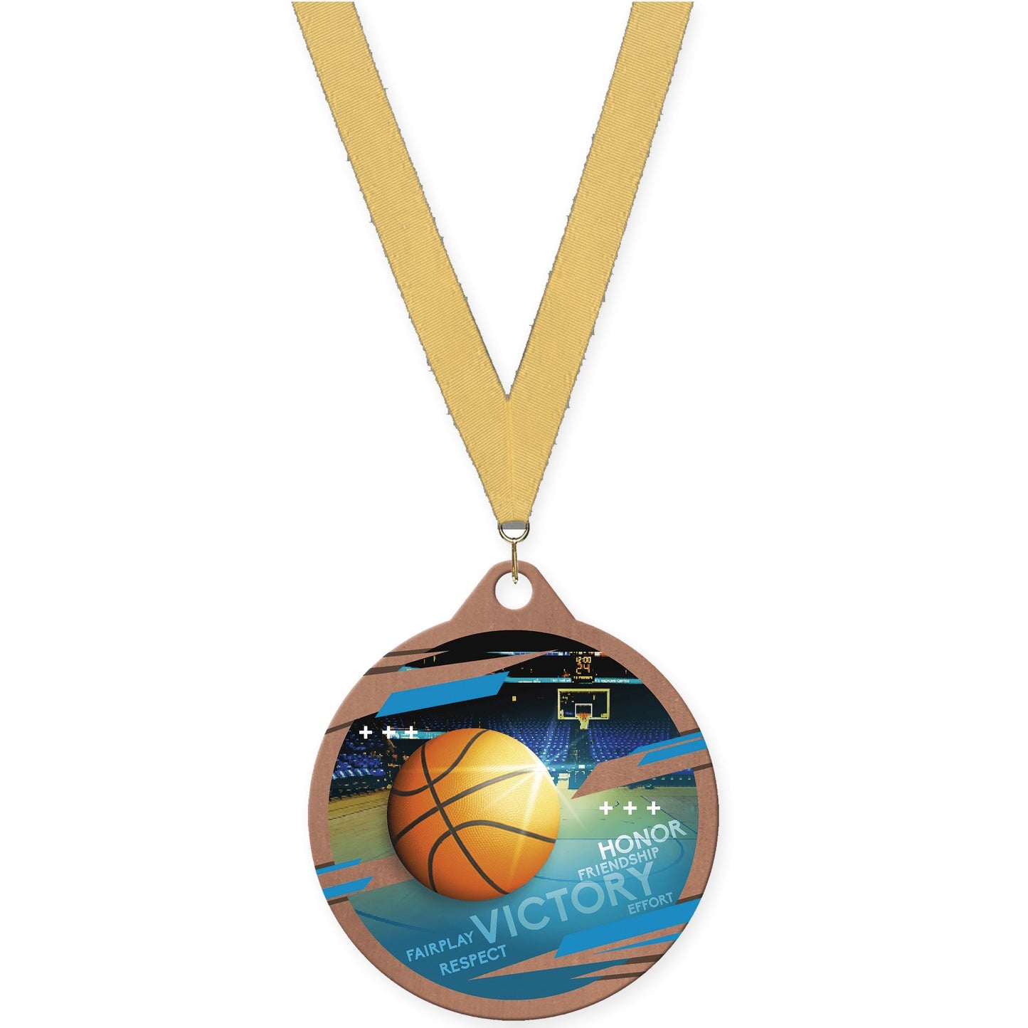 2 inch basketball Inspire medal in bronze with Gold Metallic neck ribbon