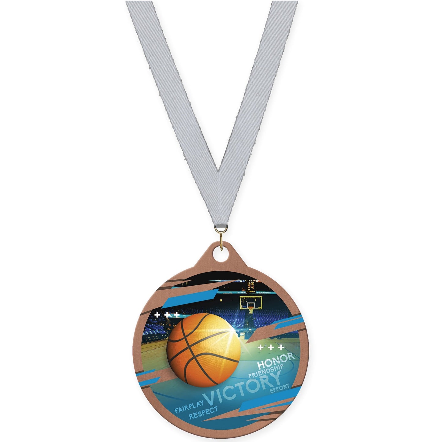 2 inch basketball Inspire medal in bronze with Silver Metallic neck ribbon