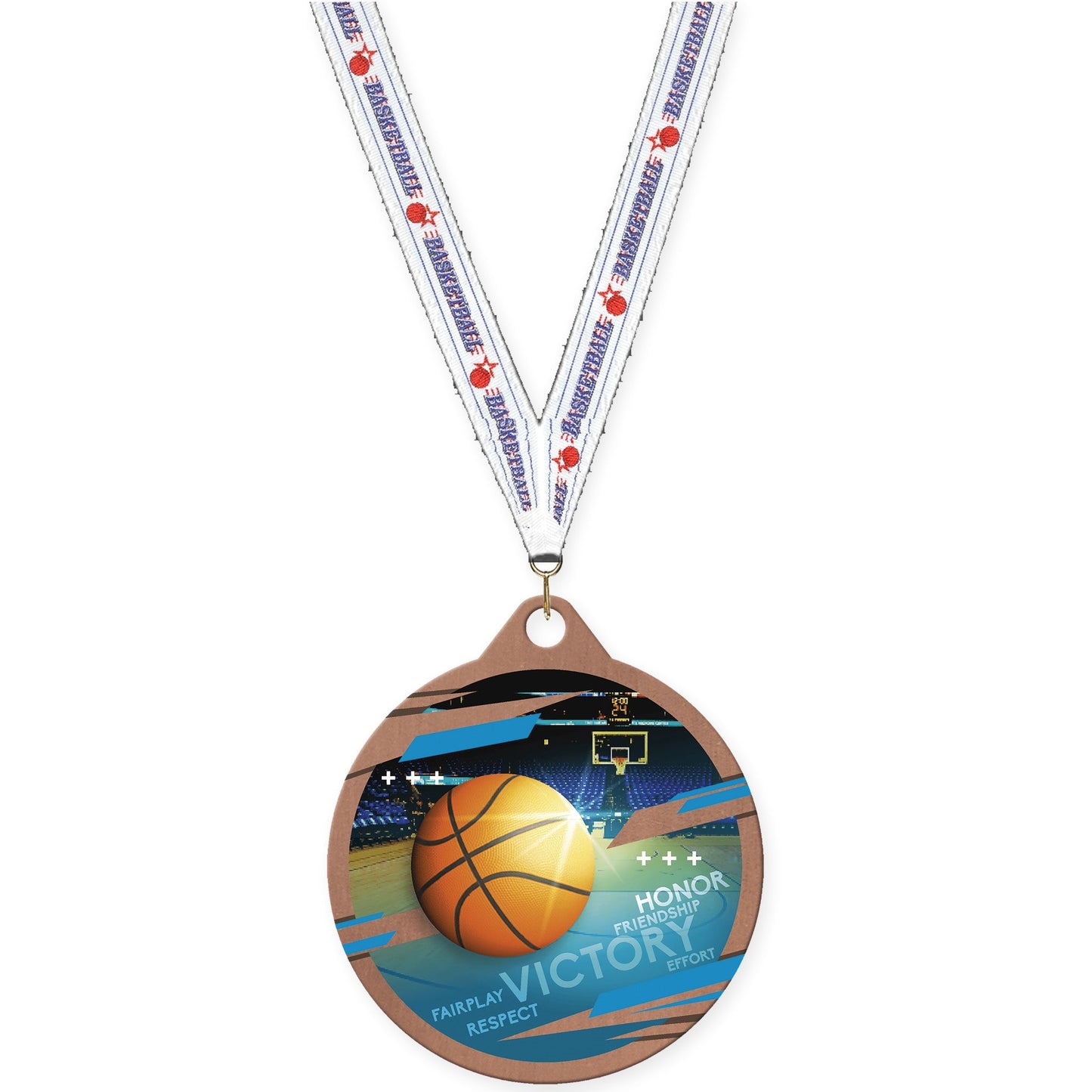 2 inch basketball Inspire medal in bronze with Basketball neck ribbon