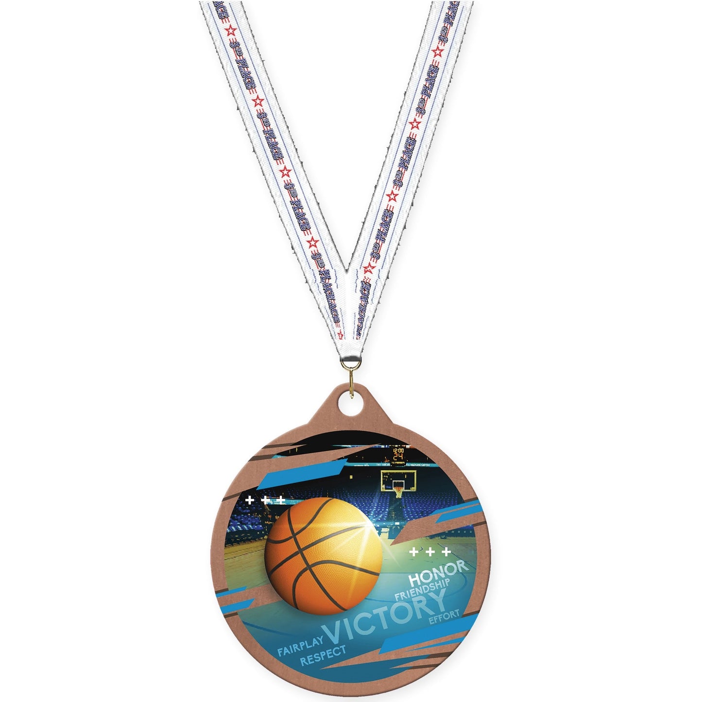 2 inch basketball Inspire medal in bronze with 3rd Place neck ribbon