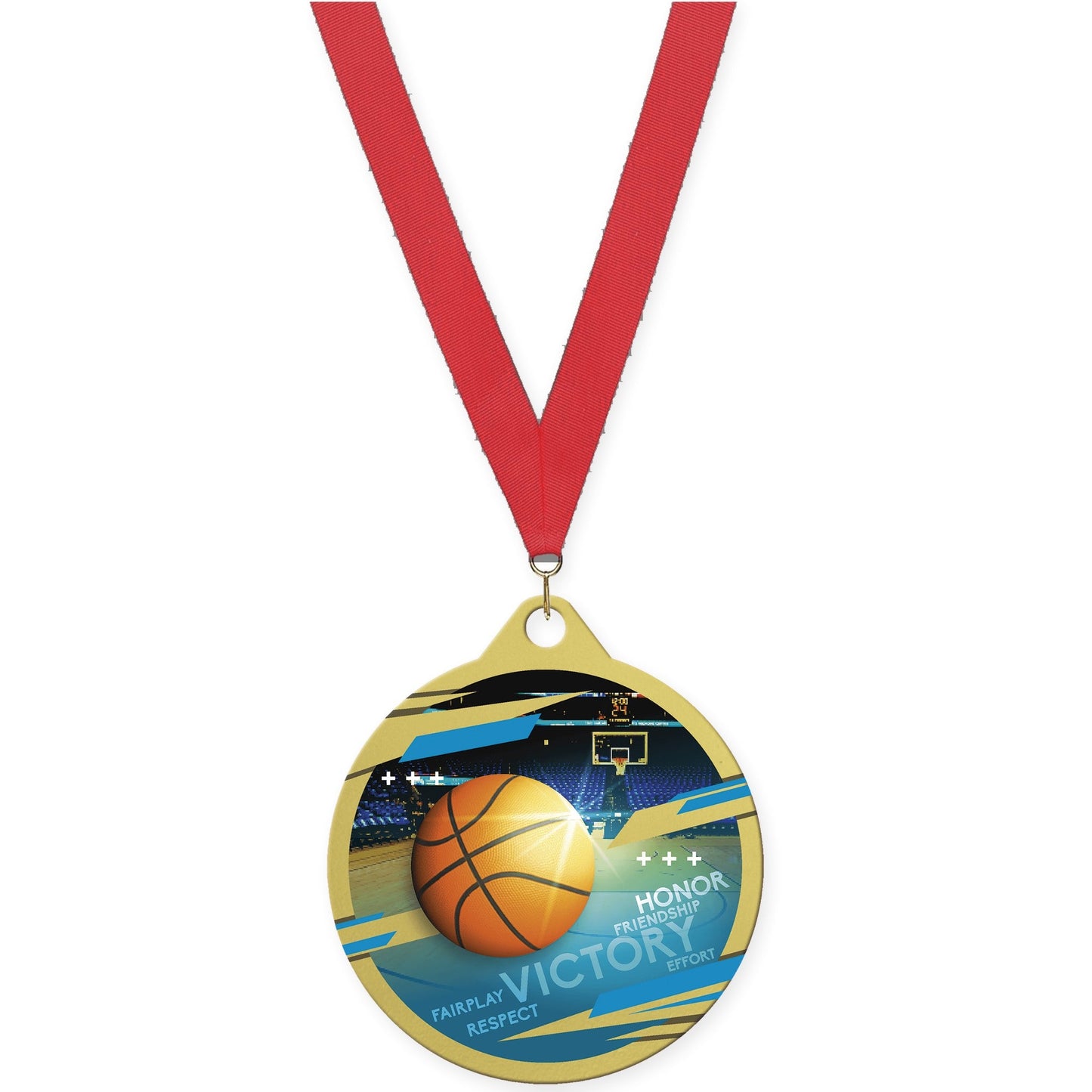 2 inch basketball Inspire medal in gold with Red neck ribbon
