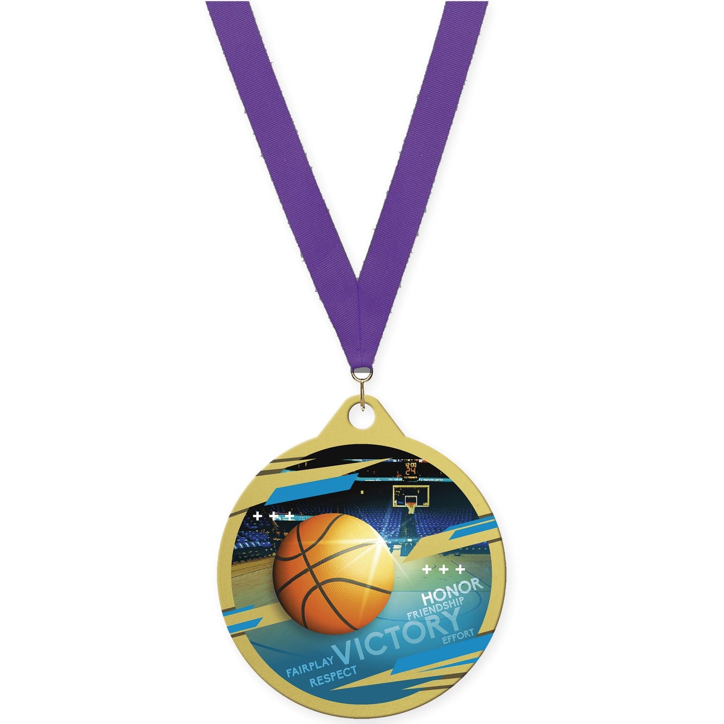 2 inch basketball Inspire medal in gold with Purple neck ribbon