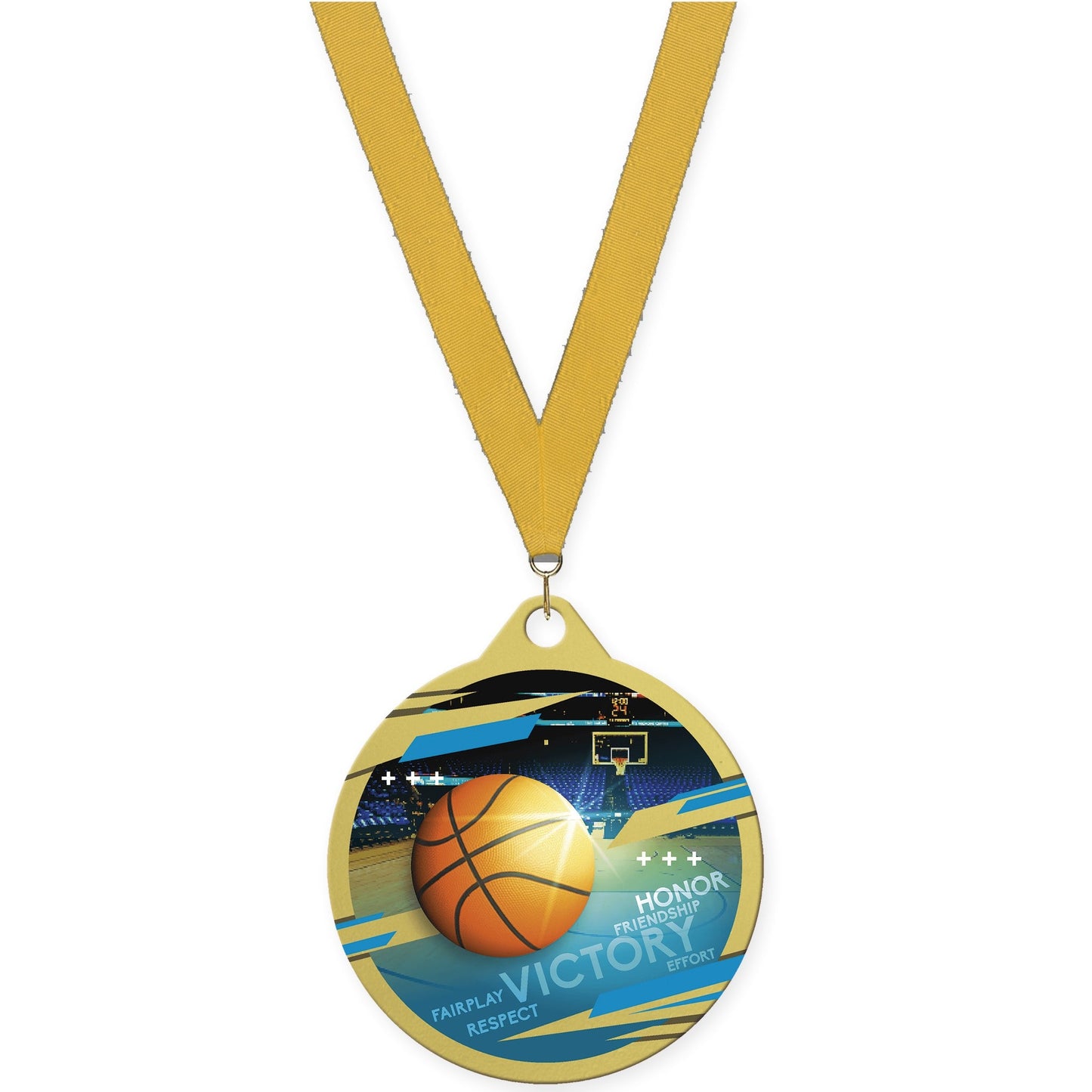 2 inch basketball Inspire medal in gold with Gold neck ribbon