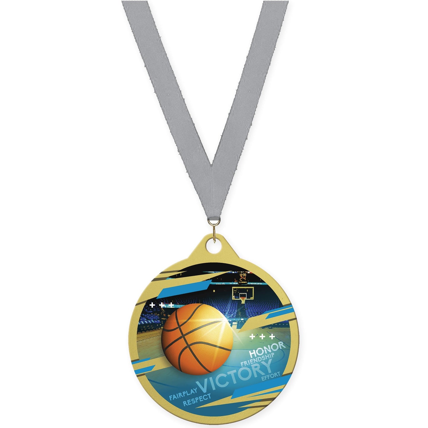 2 inch basketball Inspire medal in gold with Gray neck ribbon