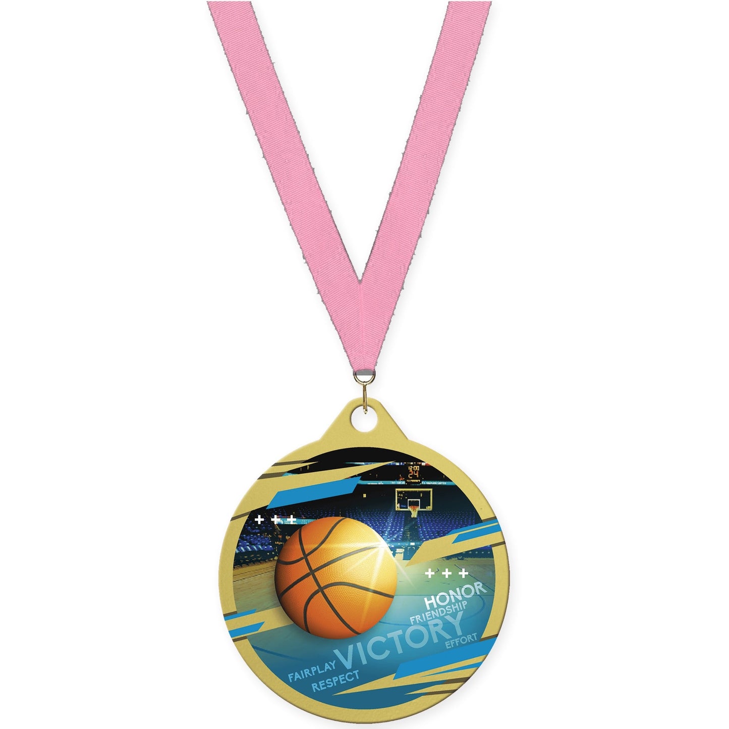 2 inch basketball Inspire medal in gold with Pink neck ribbon