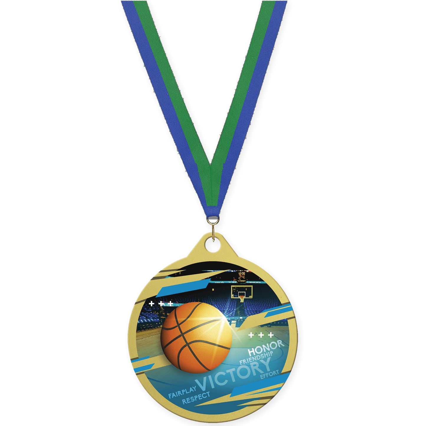 2 inch basketball Inspire medal in gold with Blue Green neck ribbon