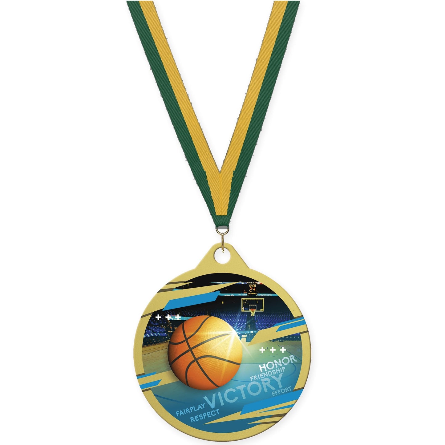 2 inch basketball Inspire medal in gold with Hunter Green Gold neck ribbon