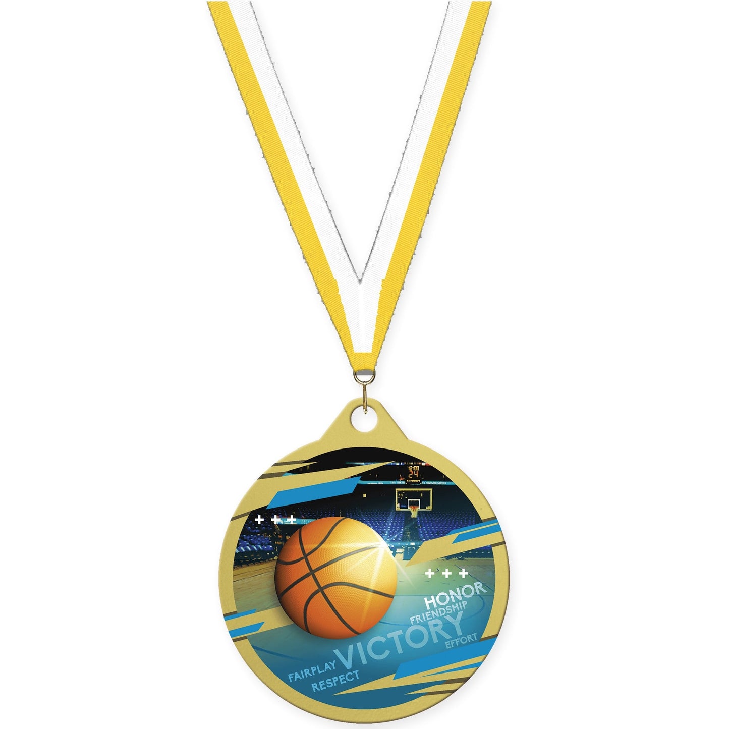 2 inch basketball Inspire medal in gold with Yellow White neck ribbon