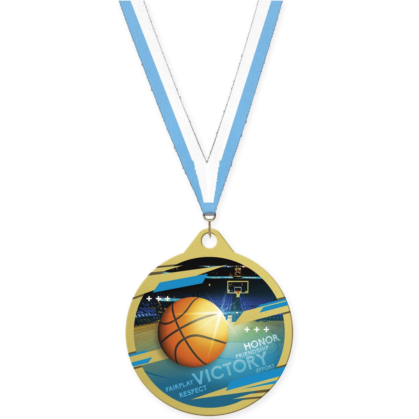 2 inch basketball Inspire medal in gold with Light Blue White neck ribbon