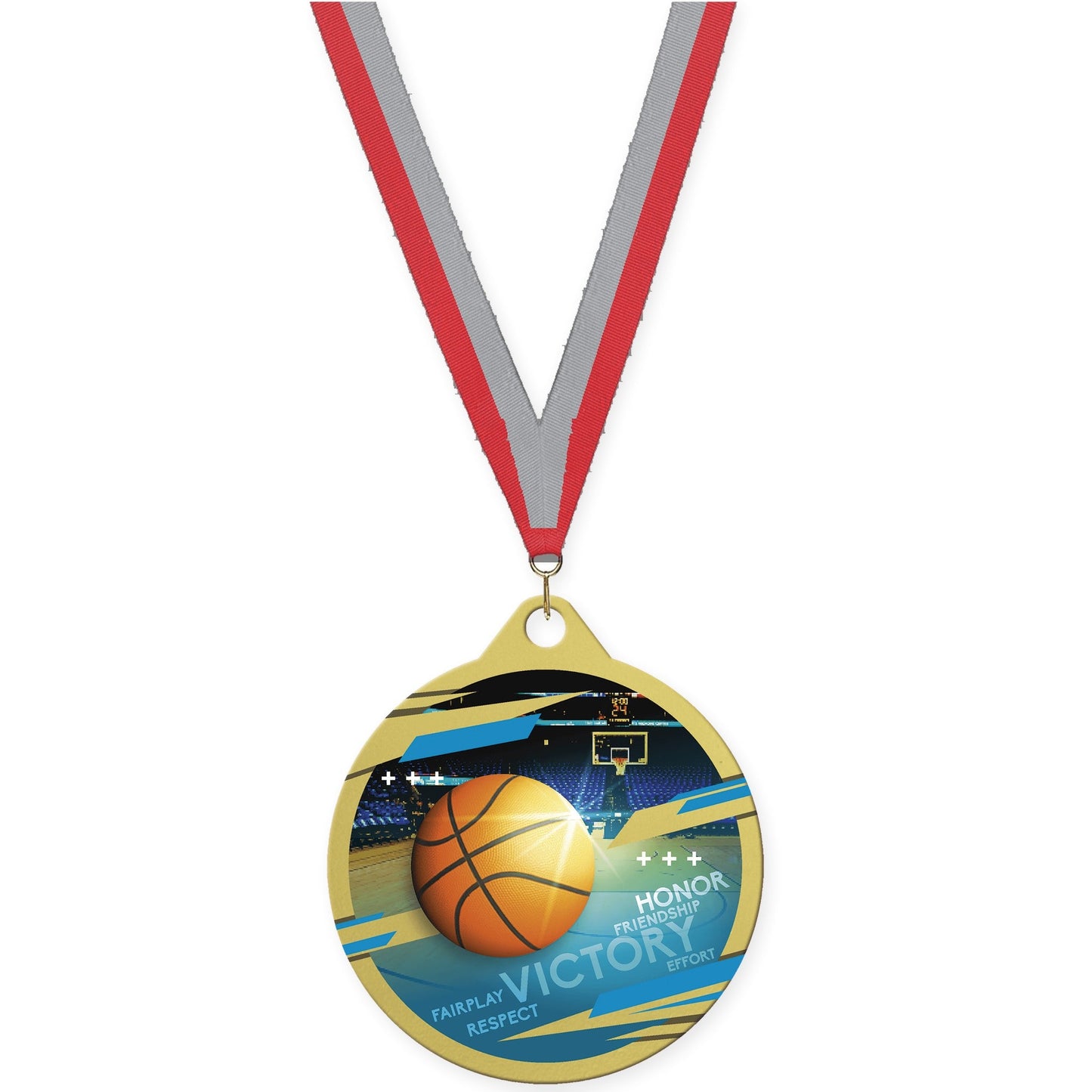 2 inch basketball Inspire medal in gold with Red Gray neck ribbon