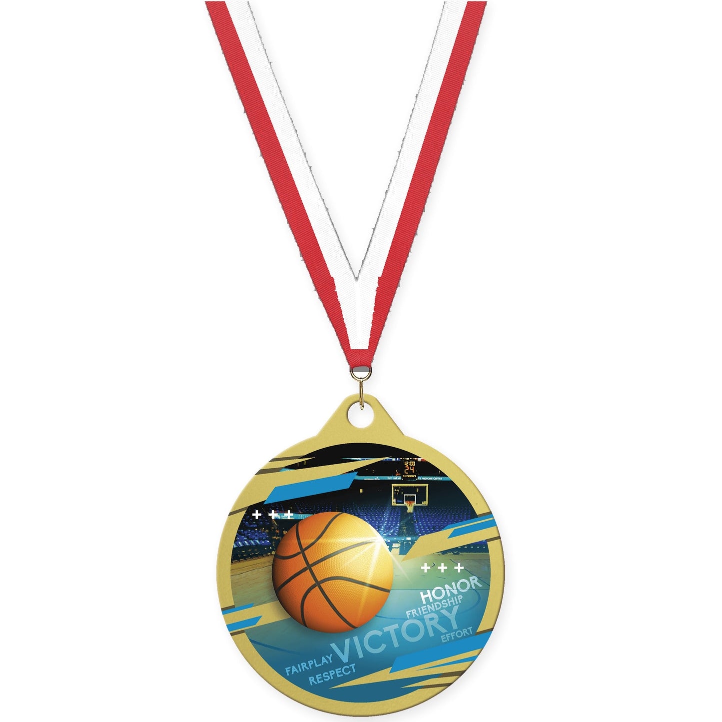 2 inch basketball Inspire medal in gold with Red White neck ribbon