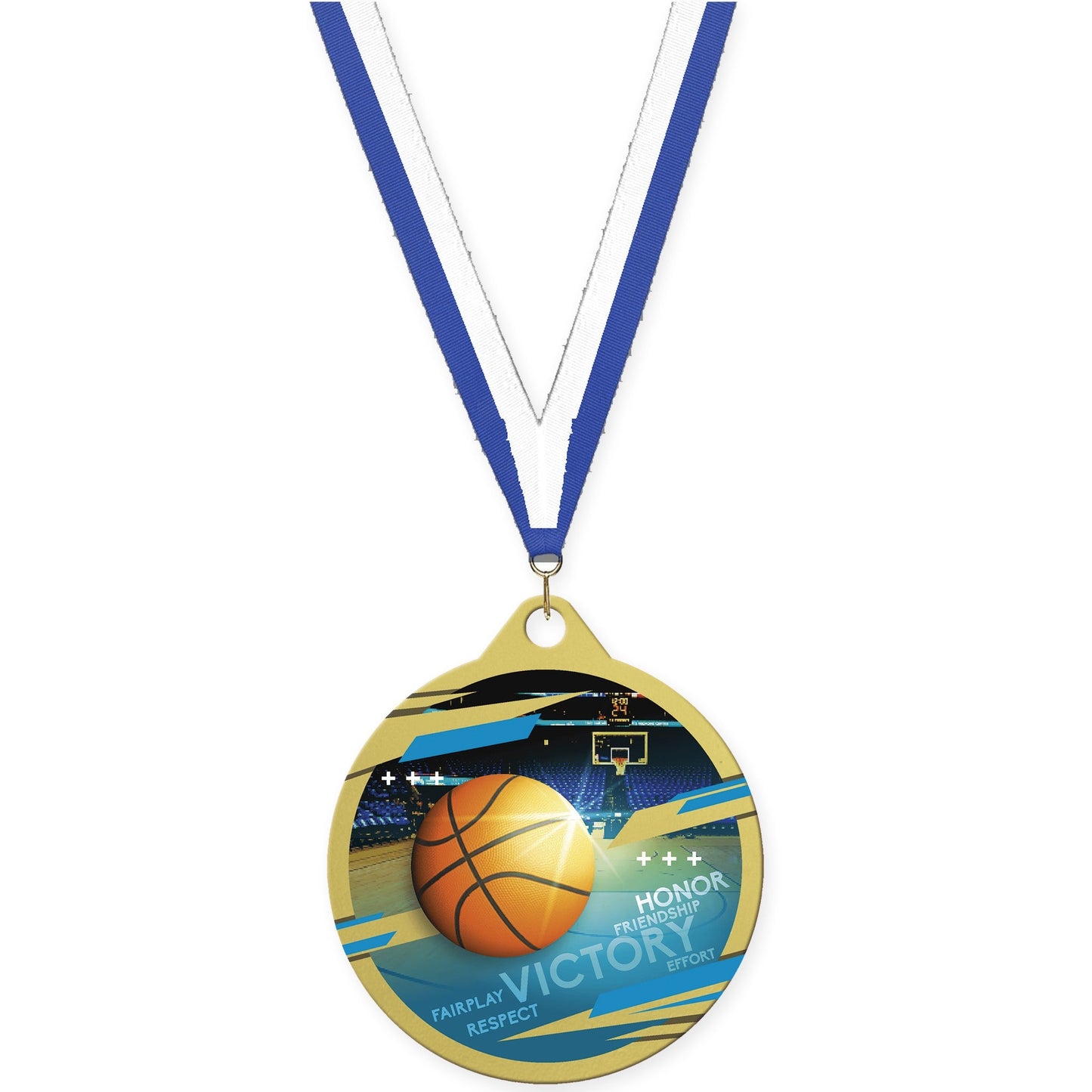 2 inch basketball Inspire medal in gold with Blue White neck ribbon