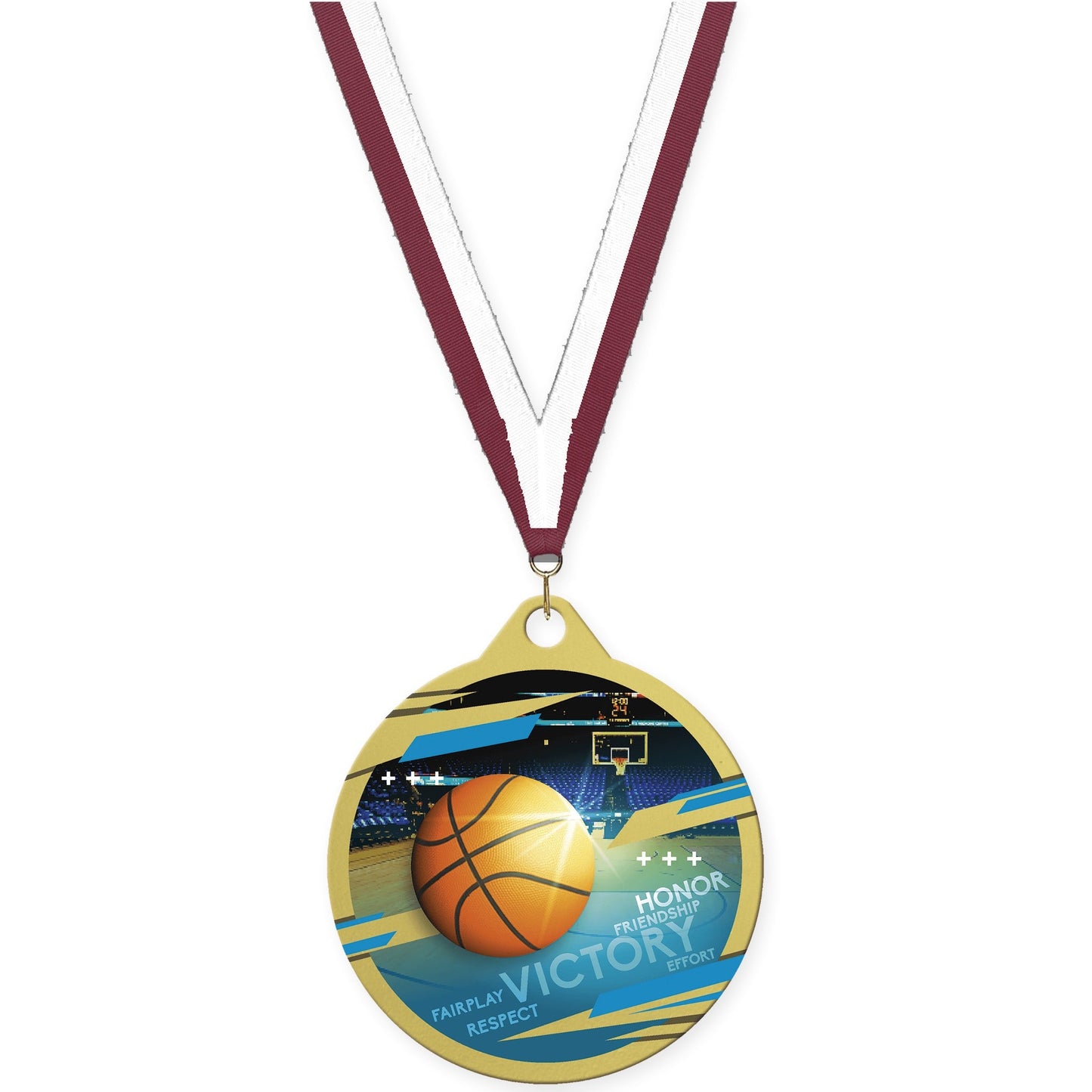 2 inch basketball Inspire medal in gold with Maroon White neck ribbon