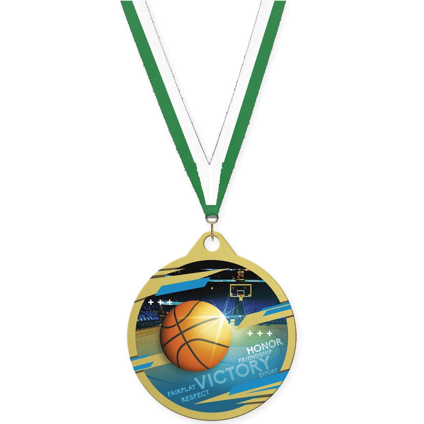 2 inch basketball Inspire medal in gold with Green White neck ribbon