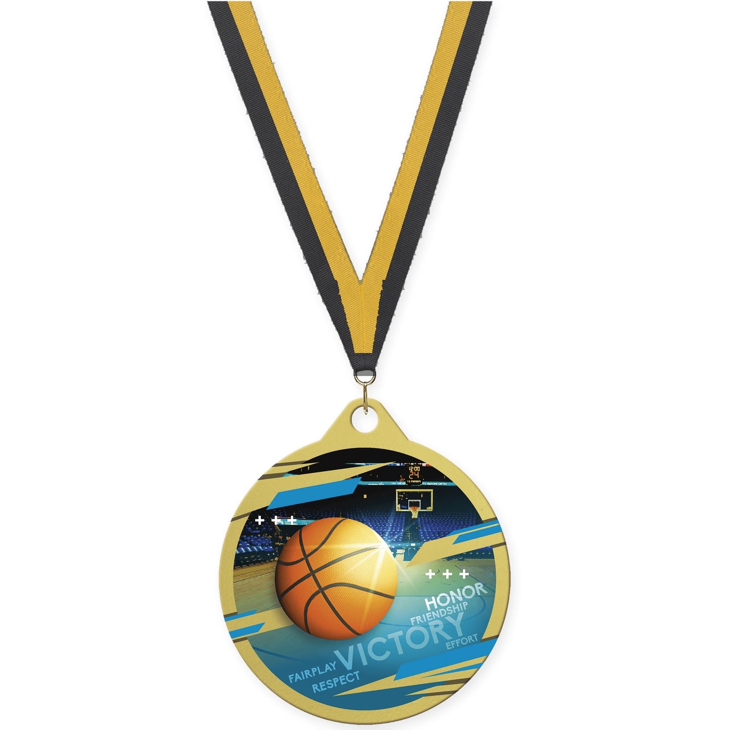2 inch basketball Inspire medal in gold with Black Gold neck ribbon