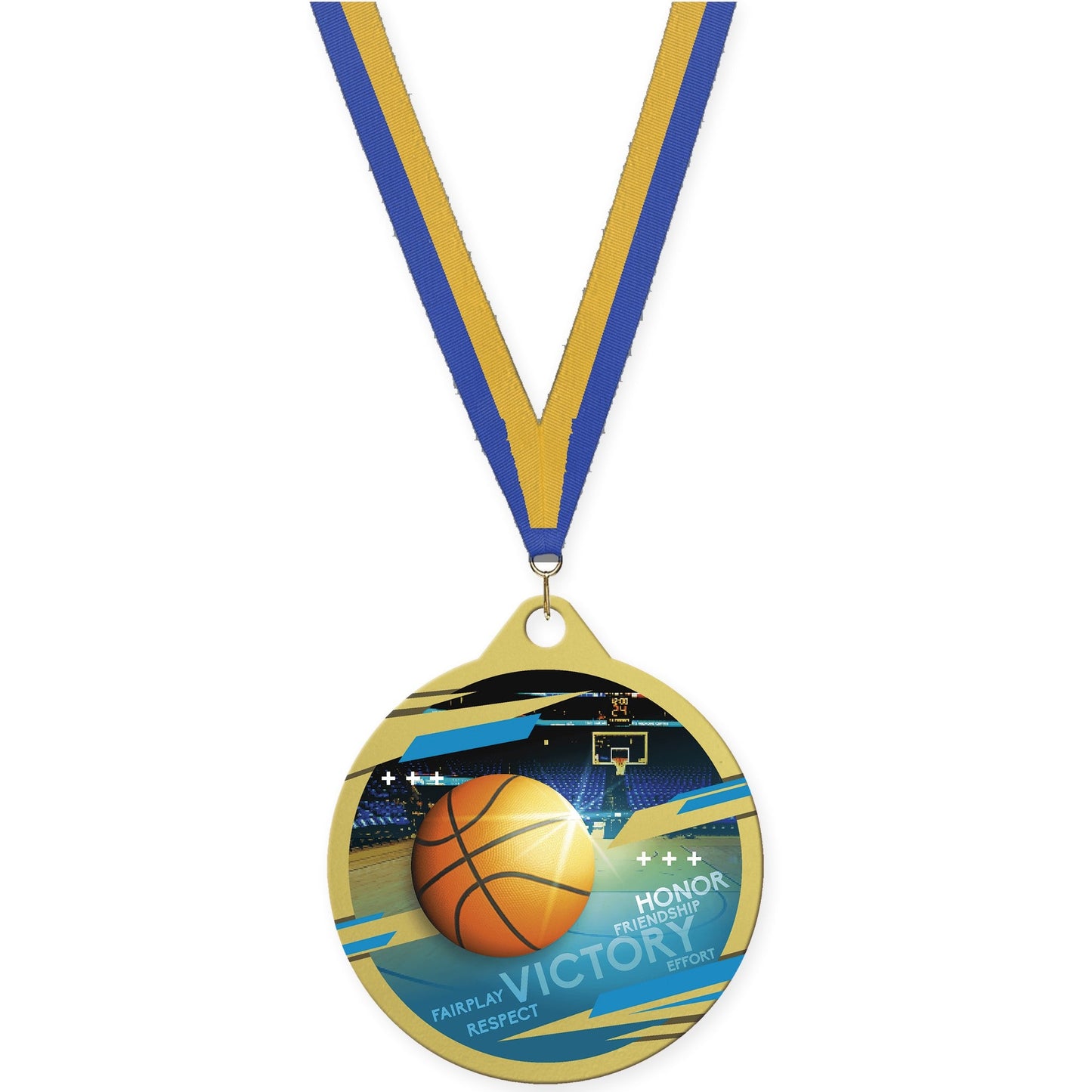 2 inch basketball Inspire medal in gold with Blue Gold neck ribbon
