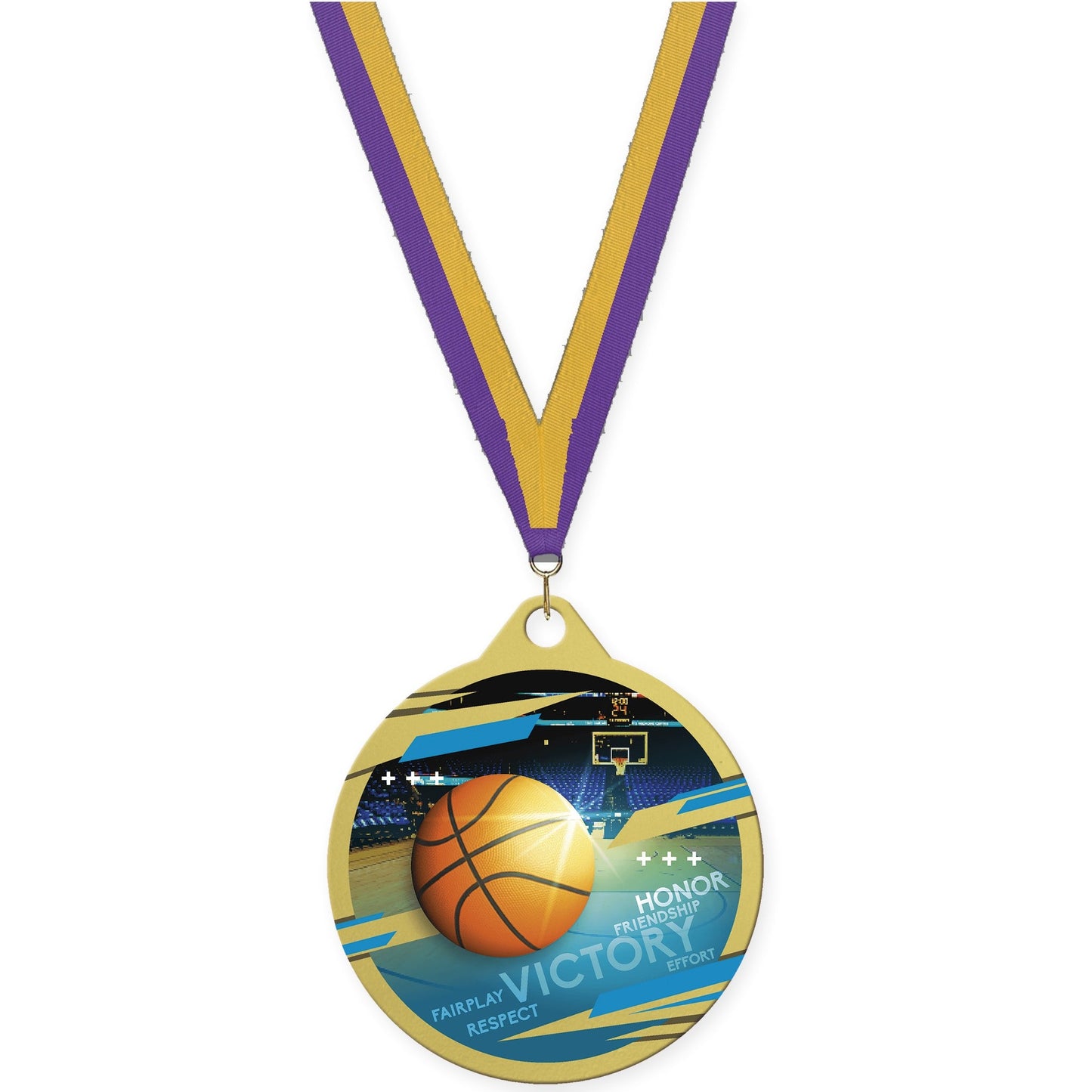 2 inch basketball Inspire medal in gold with Purple Gold neck ribbon