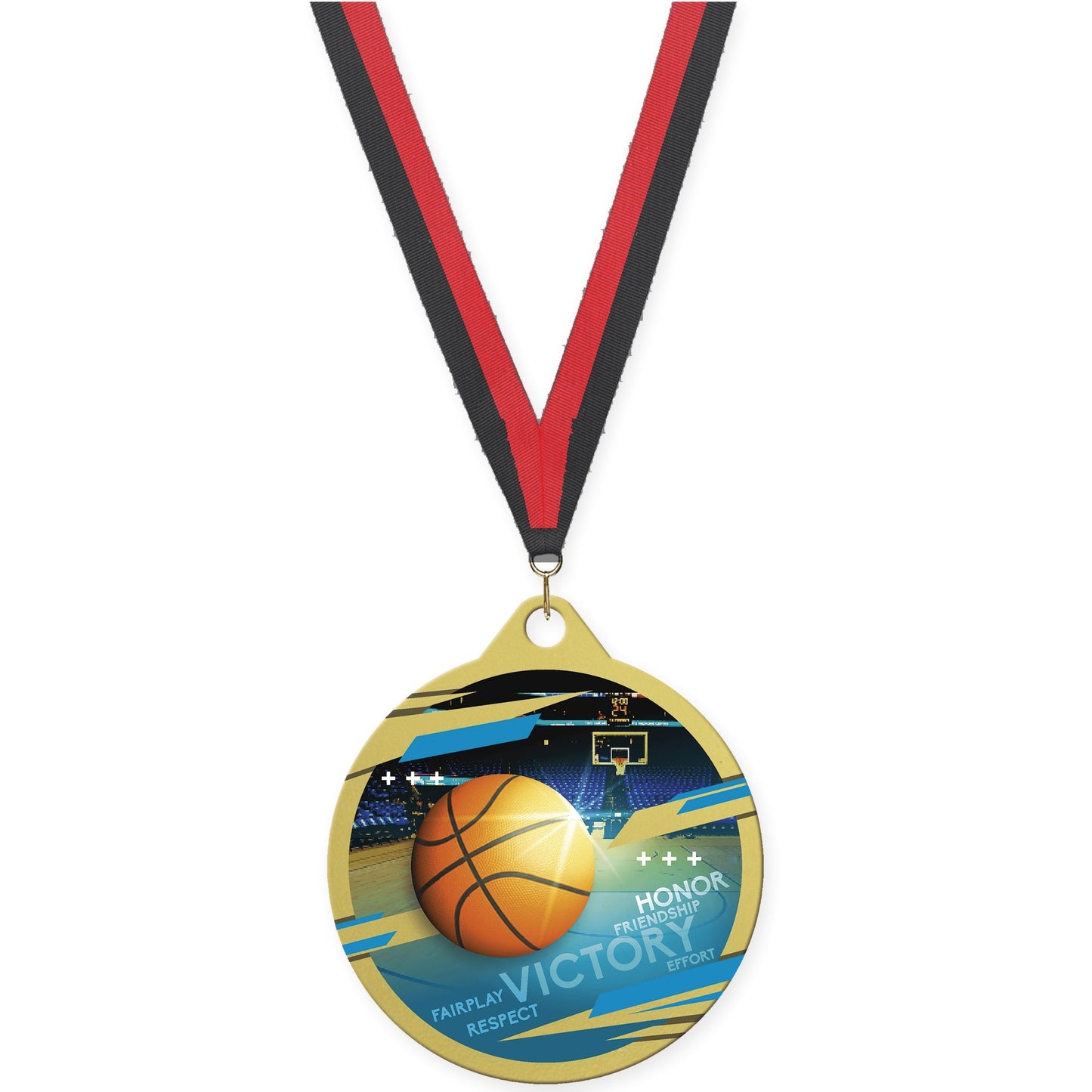2 inch basketball Inspire medal in gold with Black Red neck ribbon