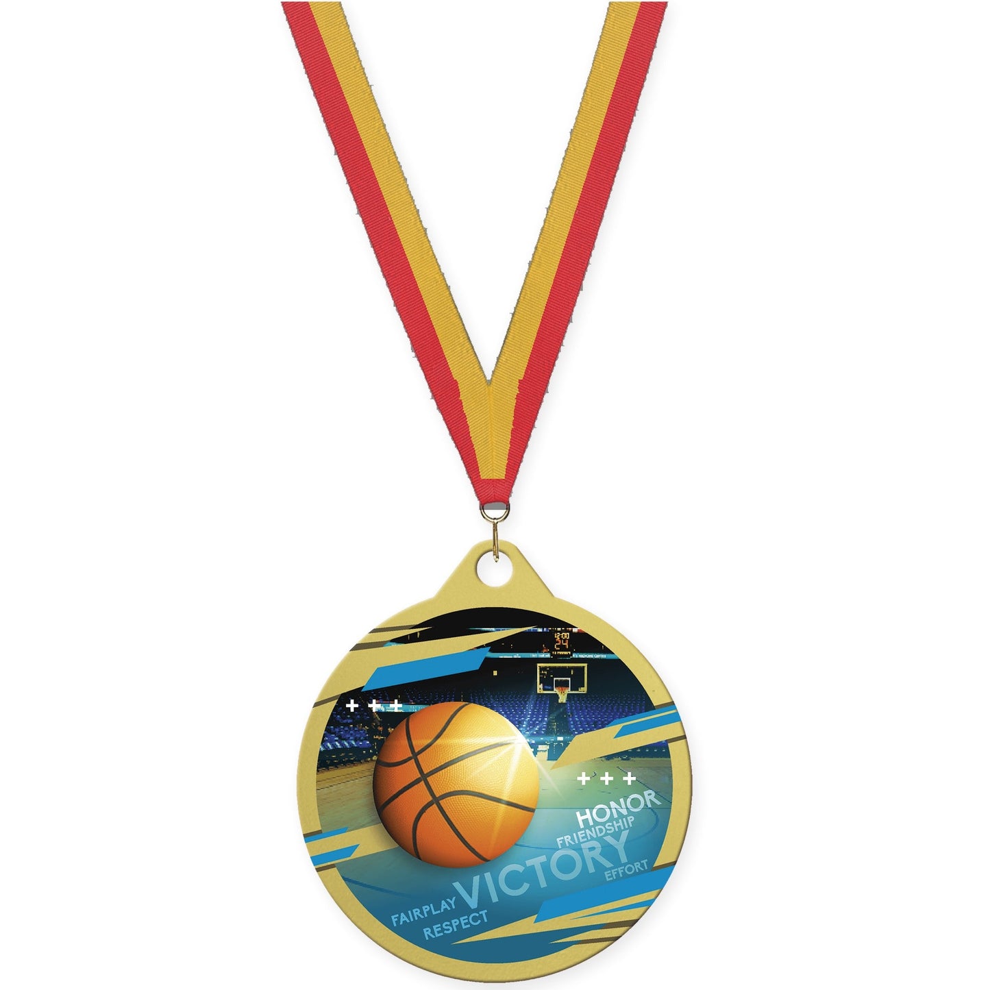 2 inch basketball Inspire medal in gold with Red Gold neck ribbon