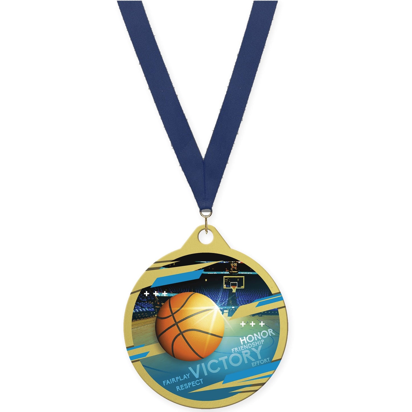 2 inch basketball Inspire medal in gold with Navy neck ribbon