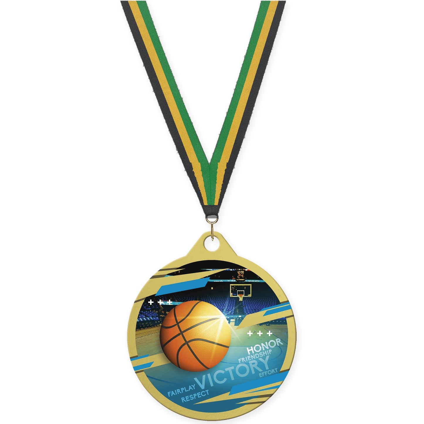 2 inch basketball Inspire medal in gold with Black Gold Green neck ribbon