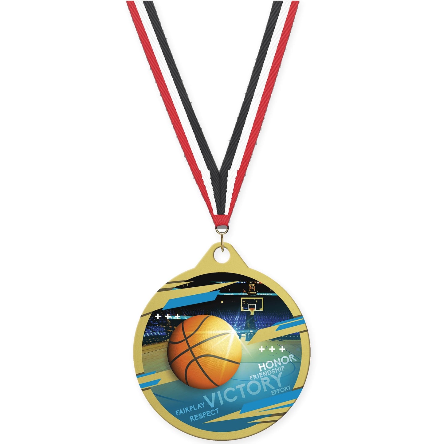 2 inch basketball Inspire medal in gold with Red White Black neck ribbon