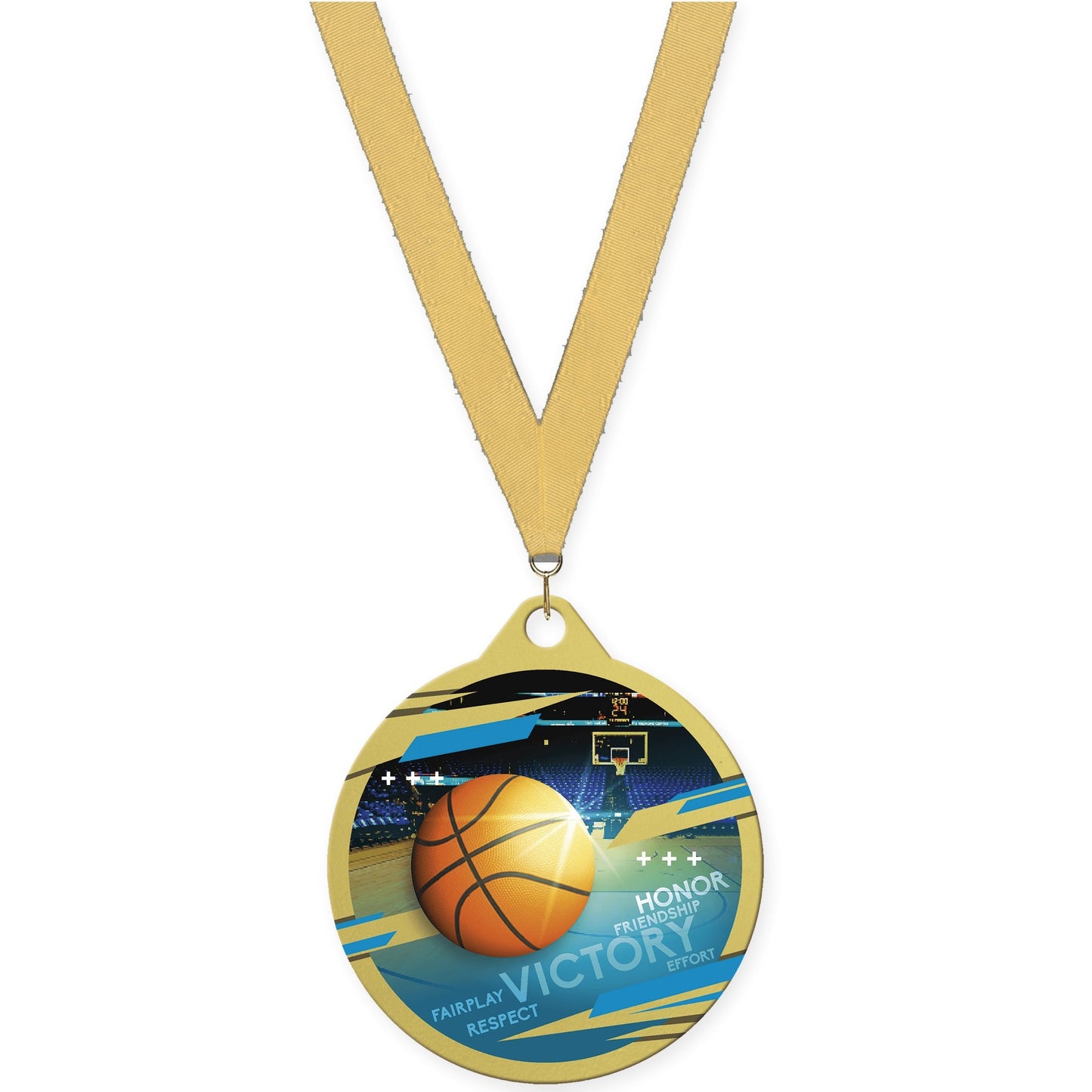 2 inch basketball Inspire medal in gold with Gold Metallic neck ribbon