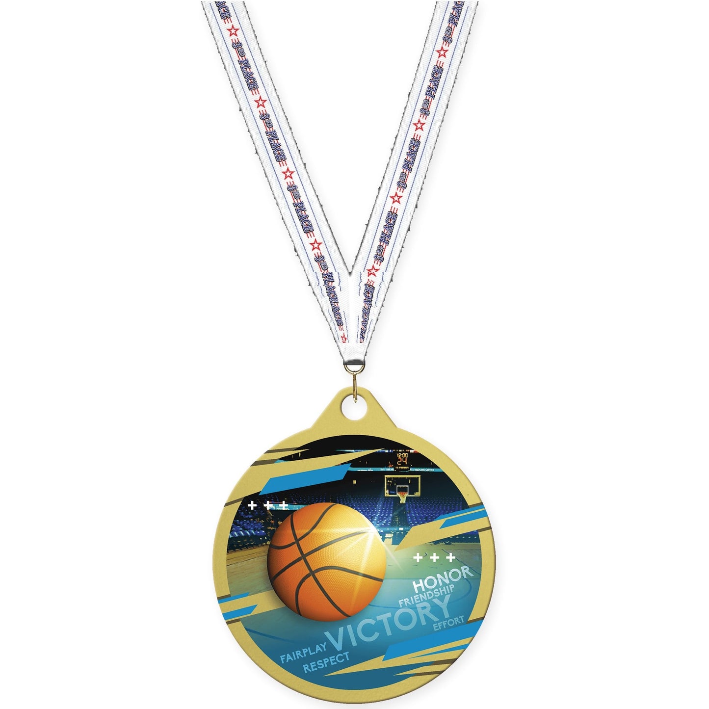 2 inch basketball Inspire medal in gold with 3rd Place neck ribbon
