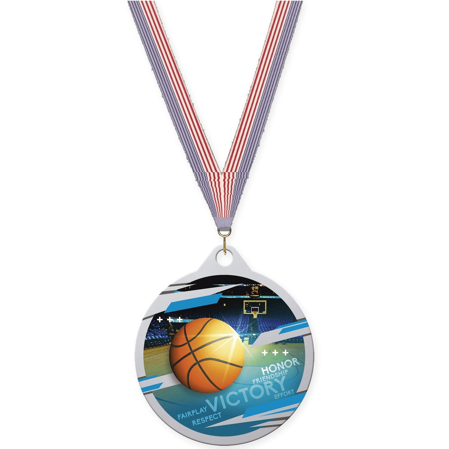 2 inch basketball Inspire medal in silver with USA Flag neck ribbon