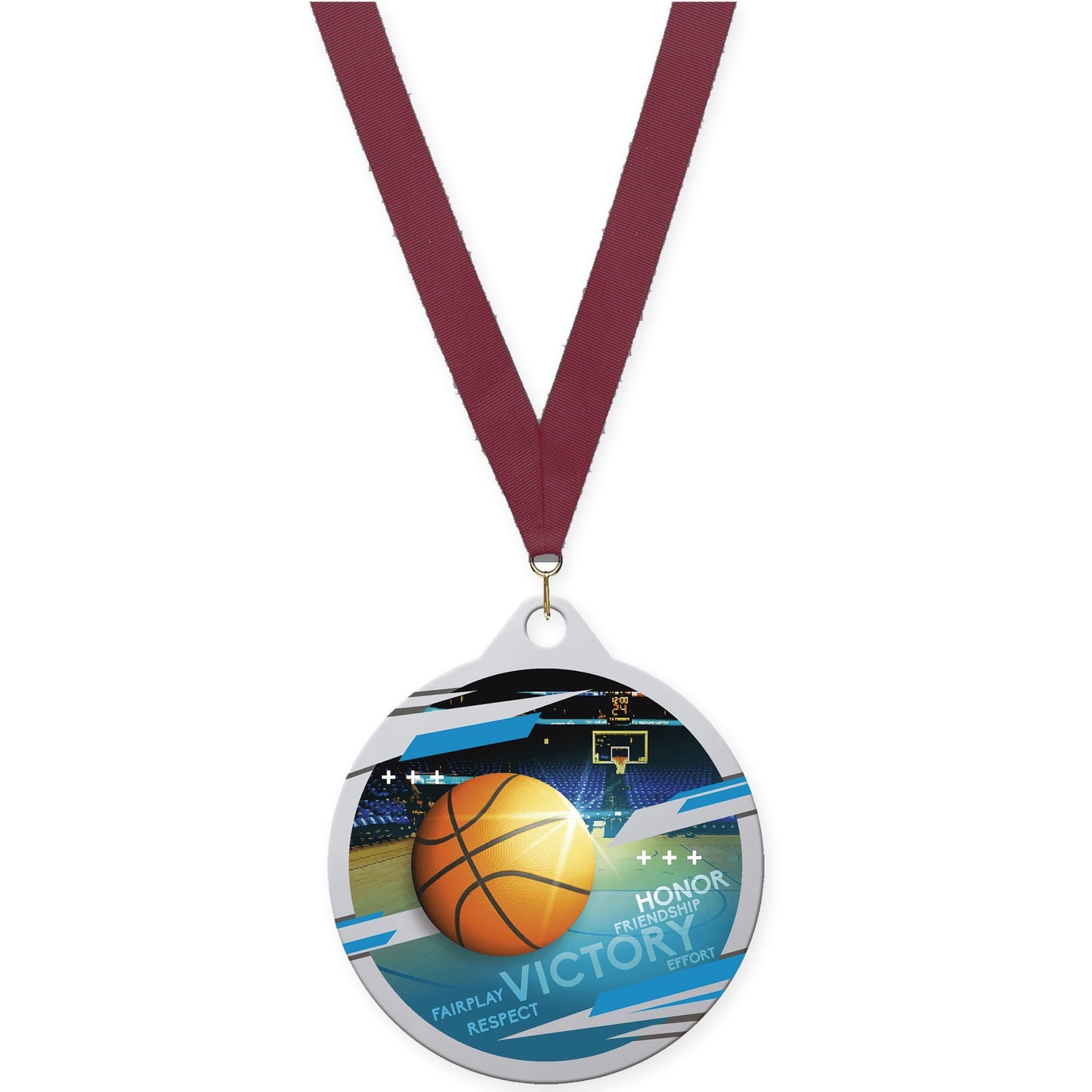 2 inch basketball Inspire medal in silver with Maroon neck ribbon