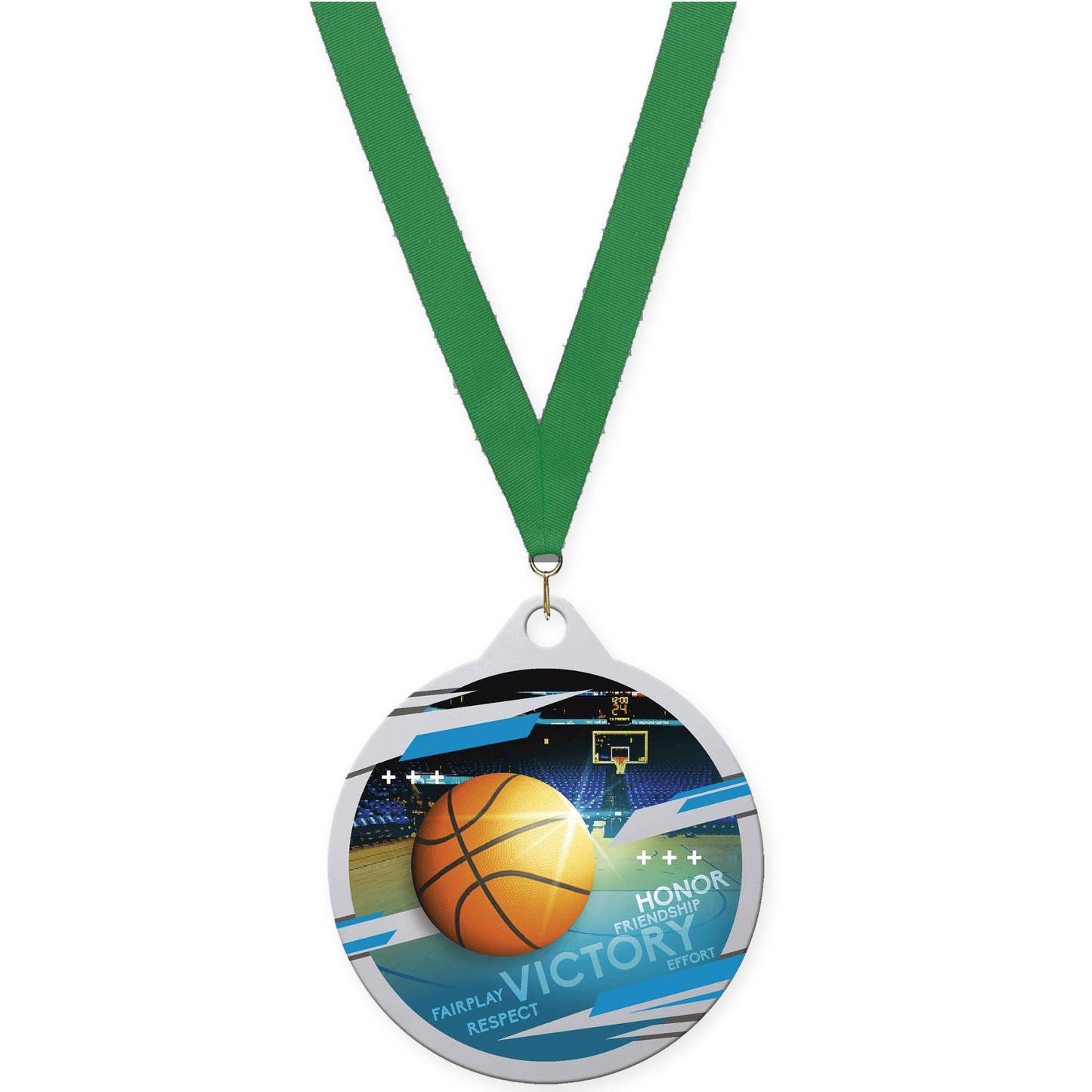 2 inch basketball Inspire medal in silver with Green neck ribbon