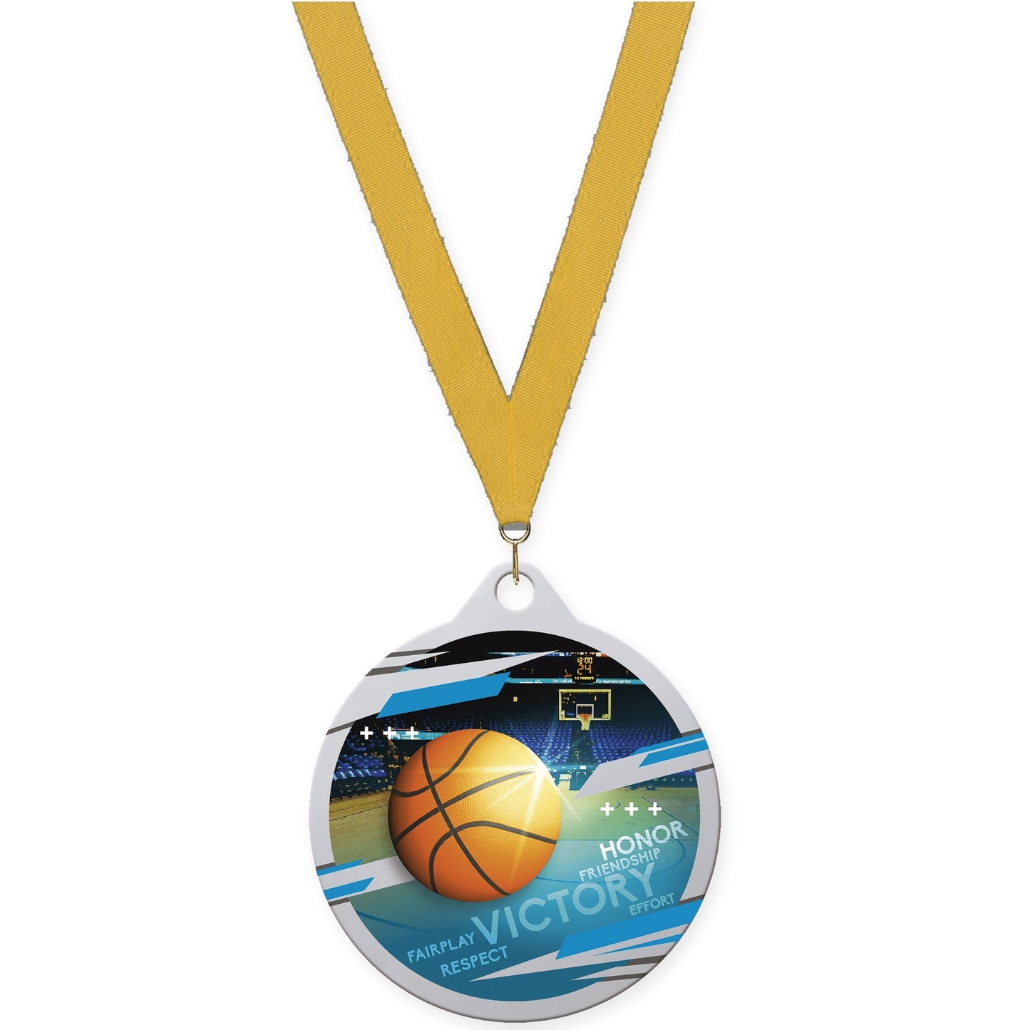 2 inch basketball Inspire medal in silver with Gold neck ribbon