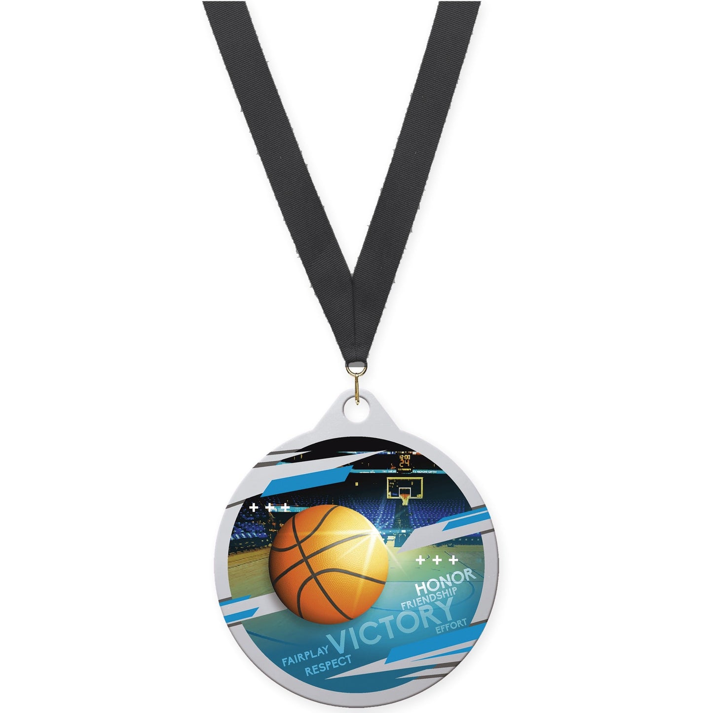 2 inch basketball Inspire medal in silver with Black neck ribbon