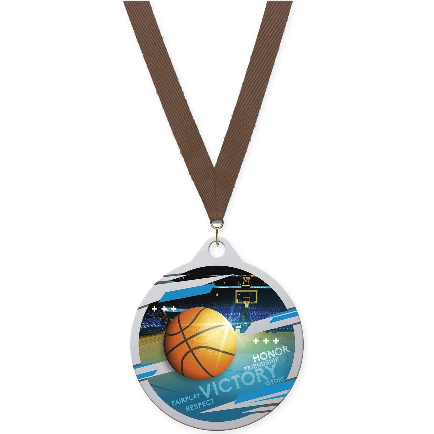 2 inch basketball Inspire medal in silver with Brown neck ribbon