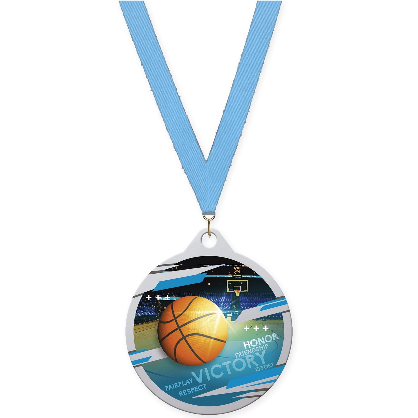 2 inch basketball Inspire medal in silver with Light Blue neck ribbon