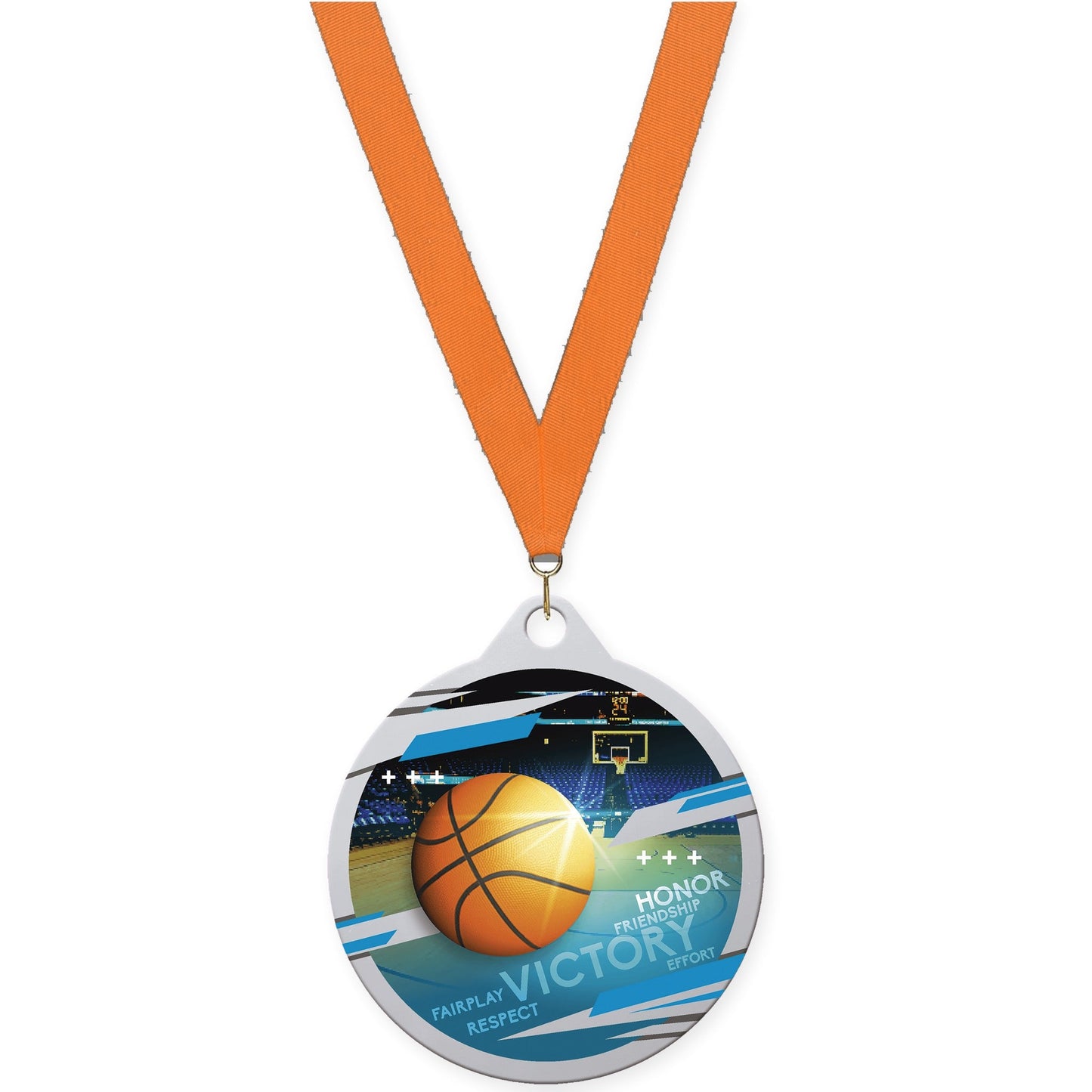 2 inch basketball Inspire medal in silver with Orange neck ribbon