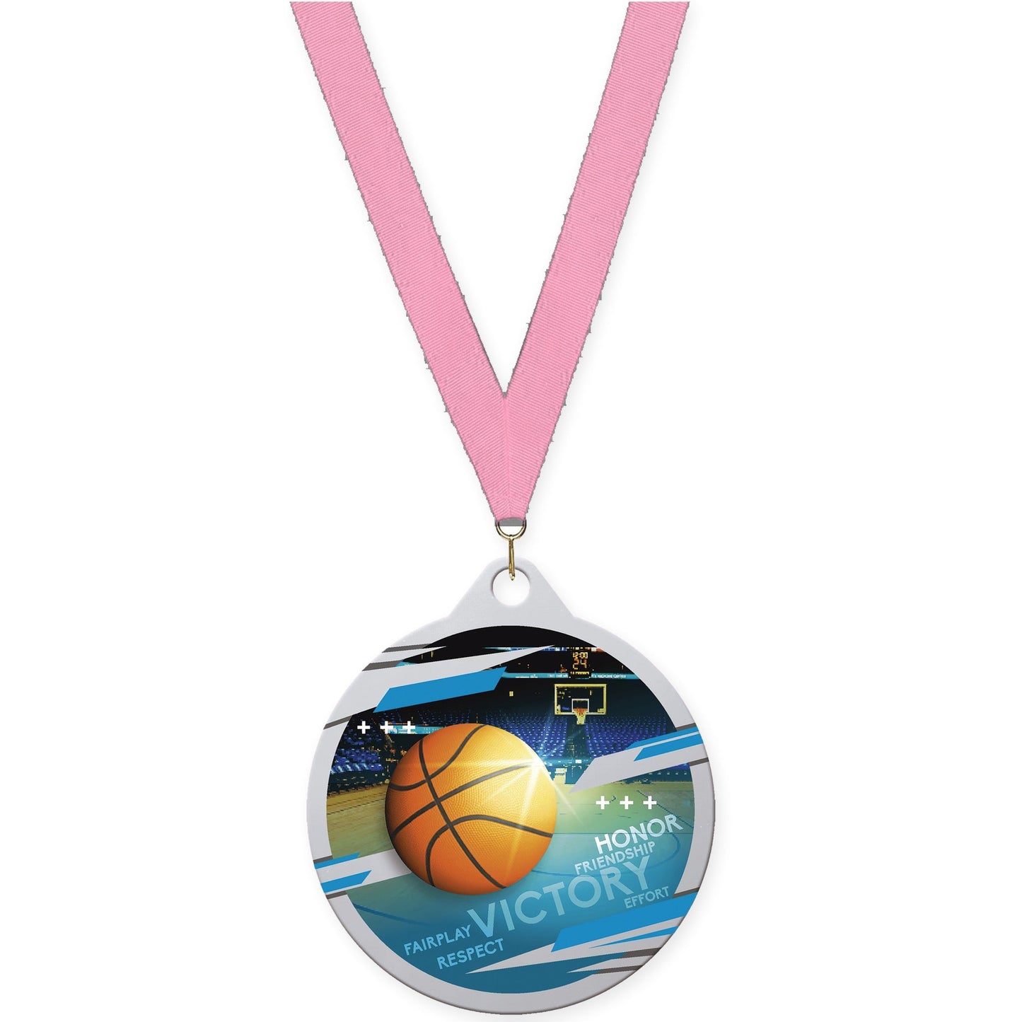 2 inch basketball Inspire medal in silver with Pink neck ribbon