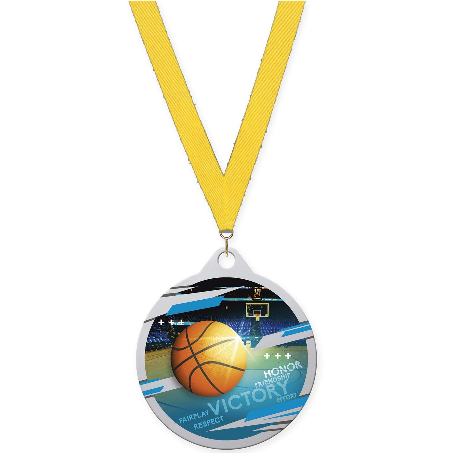 2 inch basketball Inspire medal in silver with Yellow neck ribbon