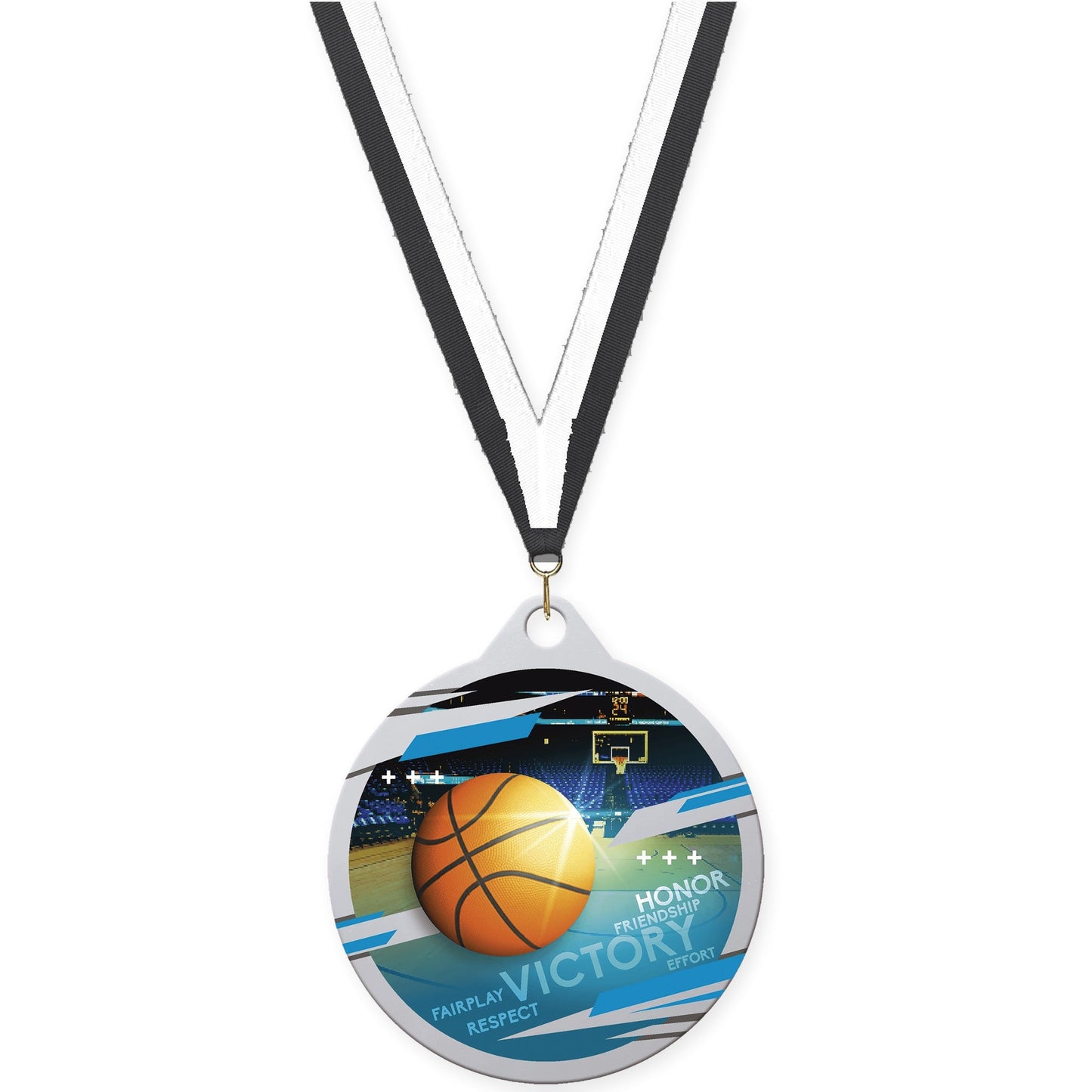 2 inch basketball Inspire medal in silver with Black White neck ribbon