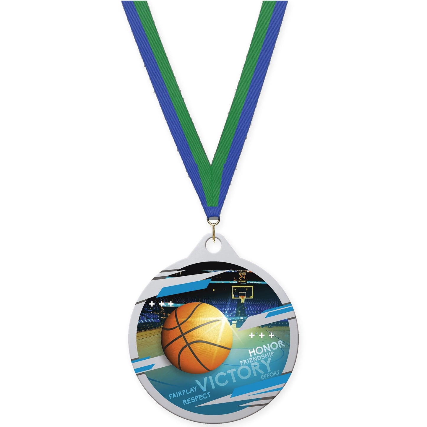 2 inch basketball Inspire medal in silver with Blue Green neck ribbon