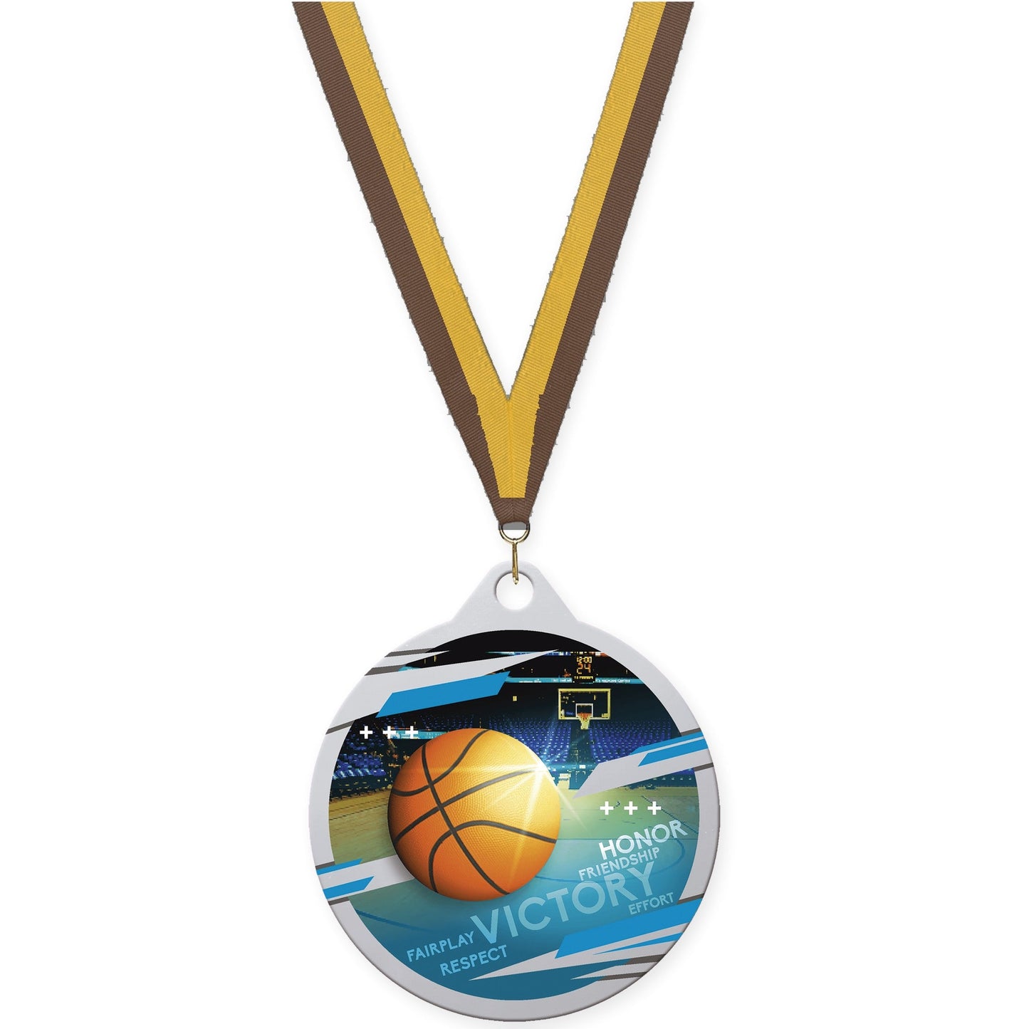 2 inch basketball Inspire medal in silver with Brown Gold neck ribbon